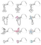 Morfetto 12 Pcs 20G Dangle Nose Rings Studs for Women Surgical Steel L Shaped Screw Nose Rings for Women Heart Moon Star Flower Butterfly CZ Dangling Nose Piercing Jewelry S+silver