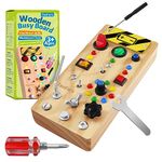 TenFans Wooden Montessori Busy Board with LED Light Switch and Screwdriver Tools - Sensory Toy for Toddlers 1-4 Year Old Boys - Travel Activity and Educational Learning Toy Improves Fine Motor Skills