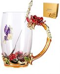 Enamels Butterfly Flower Glass Tea Cup, Red Rose Coffee Mugs with Spoon, Unique Gift for Women Wife Her Sister Grandma Friends, Birthday Present for Valentines Mothers Day Graduation(Red-Tall)