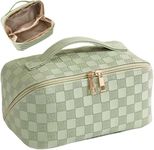 Toiletry Bags Large Capacity Travel Cosmetic Bag PU Plaid Checkered Makeup Bag Portable Leather Waterproof Skincare Bag with Handle and Divider for Women (Avocado Green)