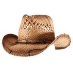 Straw Cowboy Cowgirl Hats for Women Men Summer Beach Sun Hat Panama Wide Brim Western Hat, Tea Stain - Handmade Lines, Medium