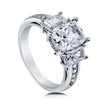 BERRICLE Rhodium Plated Sterling Silver Cushion Cut Cubic Zirconia CZ 3-Stone Engagement Ring Size 5