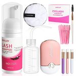 Eyelash Shampoo Cleanser Kit, Lash Extension Clean Mousse, Mini USB Fan Dryer, Mascara Brush, Cleansing Brushes, Makeup Remover Pad, Wash Bottle, Disposable Microbrushes, Women Beginner Home Salon Use