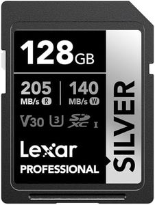 Lexar 128GB Professional Silver SDXC Memory Card, UHS-I, C10, U3, V30, 4K Video, Up to 205/140 MB/s Read/Write, for Professional Photographer, Videographer, Enthusiast (LSDSILV128G-BNNNU)