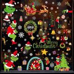 WOTOW Christmas Window Clings - 8 Sheets 20 * 30cm Sided Self Adhesive Grinch Christmas Decals - Double Reusable Window Stickers with Christmas Tree Snowflakes for Xmas Holiday Home Office Decor