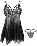 Giorzio Babydoll Lingerie for Women Lace Negligee Lingerie Sexy Boudoir Outfits V-Neck Sleepwear Black, M