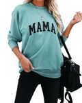 Dressmine Women Long Sleeve Crewneck Sweatshirt Mama Letter Print Graphic Tee Shirts Pullover Tops Blue Green Medium