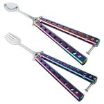 2 PCs Butterfly Fork and Spoon Set, Stainless Tactical Butterfly Spoon Forks,Folding Camping Fork with Butterfly Metal Training Tool for Hiking BBQ Picnic Camping Hunting Kitchen (Color)