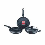 UCOOK by United Ekta Engg. Rock Series Non-Stick Aluminium Kadhai with Glass lid, Frypan, Tawa Induction Cookware Set (3+1) Black