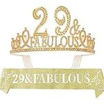 29th Birthday Sash and Tiara for Women - Fabulous Set: Glitter Sash + Fabulous Rhinestone Gold Premium Metal Tiara for Women, 29th Birthday Gifts for 29th Birthday Party, Large