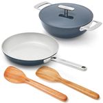 Ember Non-Stick Ceramic Cookware Set 5 Piece | ISI Certified | Includes Frying Pan, Kadai with Lid, 2 Wooden Spoons & Gentle Cleaning Eraser | Induction Compatible | PFAS & PTFE Free - Blue