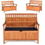 Safstar Outdoor Patio Bench with Storage Box, 33 Gallon Storage Bench Deck Box with Dustproof Liner, Comfort Backrest & Wide Armrest, 800 lbs Capacity, Wood Storage Bench for Garden Patio Park Porch