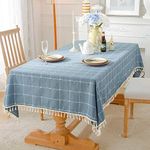 BESBESME Rustic Cotton Blend Plaided Table Cloth Boho Style Cream,Kitchen Dining Room Tablecloths for Rectangle/Oblong Tables, Washable Wrinkle Resistant,55 x 120 inches,Blue,10-12 Seats