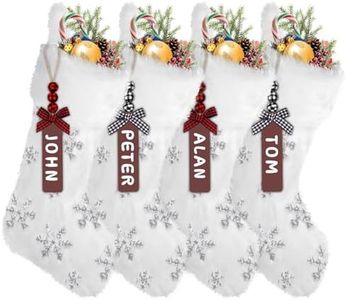 XIMISHOP 4PCS White Christmas Stockings, Large Xmas Glitter Snowflake Plush Hanging Stocking Decoration with Name Tags for Christmas Holiday Family Party Decorations