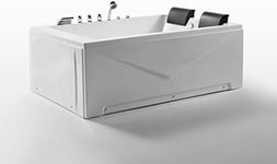 Empava 71" Acrylic Whirlpool Bathtub Hydromassage Rectangular Jetted Soaking Tub with Right Side Drain and 3-Side Apron and Waterfall Faucet, White