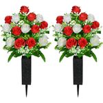 SIFOEL Artificial Cemetery Flowers with Vase, Artificial Rose Bouquet Grave Memorial Flowers for Cemetery Headstones Decoration (White&Red-2Pcs)