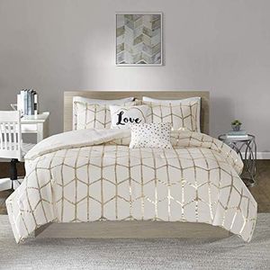 Intelligent Design Raina Full/Queen Comforter Set, Soft Microfiber Comforter Set Queen, Modern Geometric Metallic Bed Set, 5 Pieces College Bedding Comforter Set with 2 Shams, 2 Toss Pillows Ivory