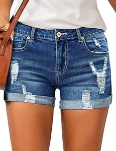 LookbookStore Women Casual Summer Denim Shorts for Women High Waisted Rolled Hem Cuffed Hem Distressed Jeans Jorts Y2K Ripped Jean Shorts Denim Blue Size XL