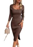 VOGMATE Women's Long Sleeve Sweater Dress Winter Chic Sexy Wool Dress Bodycon Sweatshirt Dress, U-brown collar, XL