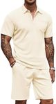 COOFANDY Men's Waffle Knit Polo Shirt and Shorts Set 2 Pieces Outfits Summer Suit Casual Tracksuit with Pockets, Beige, XX-Large