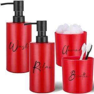 Yaomiao 4 Pcs Red Bathroom Accessories Set Includes Soap Dispenser Toothbrush Holder Qtip Cotton Ball Holder Modern Red Matte Glass Bathroom Accessory Sets for Bathroom Decoration and Gift