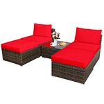 Tangkula 5 Piece Wicker Lounge Chair Set, with Tempered Glass Coffee Table, Outdoor Conversation Sets w/Washable Zippered Cushions, Includes 2 Armless Sofas, 2 Ottomans and 1 Side Table (Red)