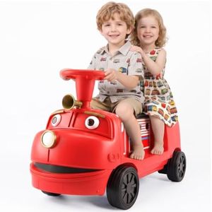 ELEMARA 2 Seater Ride On Train Trackless, Chuggington Licensed 12V Ride on Car for Kids 3+, with Storage Space, Whistle, Led, Music, 2 Speeds Max 150 lbs, Red