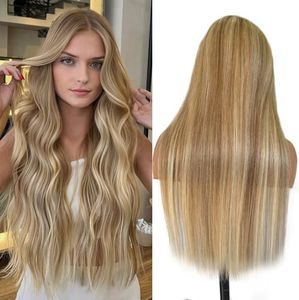 Belaved Highlight Ombre Medium Brown Lace Front Wigs Human Hair Mix Blonde 13x6 Long Straight Balayage Blonde with Brown Roots 180% Density 32 Inch HD Lace Frontal Wig for Women Pre Plucked Hairline