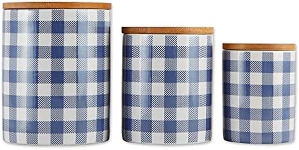 DII Ceramic Canister Sets for the Kitchen Food Safe Storage Containers with Lids, Large, Medium & Small, Buffalo Check, Blue & White, 3 Count