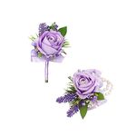 Floinla Purple Corsage and Boutonniere Set for Wedding Prom, Artificial Flower Wrist Corsage Bracelets, Homecoming Corsage Wristlet, Boutonniere for Men Wedding Suit Decorations