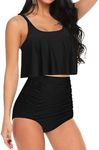 ADOME Women Bikini Set Tummy Control Swimsuit Two Piece High Waist Bathing Suits Pure Black