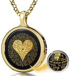 Gold Plated Silver I Love You Necklace Loving Gift Inscribed in 120 Languages in Pure Gold on a Romantic Onyx Anniversary Pendant for Wife, 18" Chain