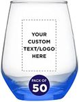 Custom Silica Stemless Wine Glasses 12 oz. Set of 50, Personalized Bulk Pack - Restaurant Glassware, Perfect for Red Wine, White Wine, Cocktails - Blue