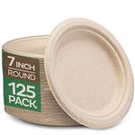 Paper Plates, 100% Compostable Heavy Duty, Disposable 7 Inch, Small Dessert Plate - [125-Pack] - (PFAS-Free) - (BPI Certified) Eco-Friendly, Biodegradable Bagasse Natural Brown 7" Small Plates