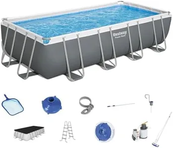 Bestway 18' x 9' x 4' Power Steel Frame Above Ground Rectangular Swimming Pool Set w/ 1000 GPH Sand Filter Pump, Pool Cover, Ladder, Skimmer, & Vacuum