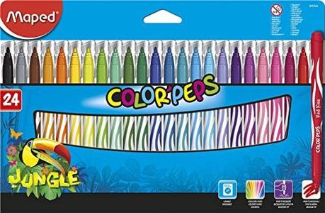 Maped - Feutres Jungle Color’Peps - 24 Feutres de Coloriage - Lavables et Résistants au Séchage - Pointe Moyenne Bloquée - Couleurs Vives - Idéal Fournitures Rentrée Scolaire - Pochette Carton