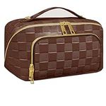 stona Travel Makeup Bag for Women, Large Capacity PU Leather Waterproof Checkered Cosmetic Bags, Portable Pouch Open Flat Toiletry Bag, Make up Organizer with Divider and Handle, Brown