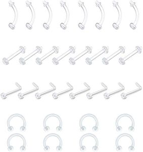 D.Bella 32pcs Clear Nose Ring, Flexible Acrylic Nose Ring Retainer Bioflex Cartilage Earring Lip Eyebrow Retainer