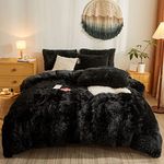 Fluffy Black Shaggy Plush Comforter Cover Set,Ultra Soft Faux Fur Duvet Cover Bedding Sets Queen 3 Pieces with Pillow Cases, Black Bed Set Zipper Closure (Black, Queen)