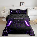 Game Bedding Sets For Boys,Gaming Comforter Set Twin,Kids Gamer Duvet Set Neon Lights Gamepad Bed Set For Teen Men Bedroom,Geometry Honeycomb Hexagon Reversible Comforter With 1 Pillow cover,Purple