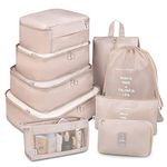 Packing Cubes for Travel, 9 Set Luggage Organizers with Shoe Bag, Electronics Bag, Cosmetics Bag, Compression Cells, Accessories Bags Made With Wearable Waterproof Fabric (9 PCS - Beige)