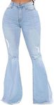 Women Destoryed Flare Jeans Elastic Waist Ripped Bell Bottom Raw Hem Stretch Denim Pants (Light Blue, X-Large)