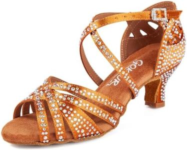GOKTUR Women's Latin Dance Shoes Rhinestone 2.2" Heel Professional Satin Ballroom Salsa Performance Dancing Shoes (Brown 2.2inch Heels, Adult, Women, 9.5, Numeric, US Footwear Size System, Medium)