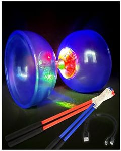 Rechargeable LED Diabolo, Translucent and Impact-Resistant Material, Triple Bearing Design for Smooth Spins, Includes Plastic Hand Sticks & Extra String, Perfect for Beginners and Performers (Blue)