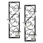 Hosley's Set of 2, 13.75'' High Black Iron Tealight Wall Sconces. Order Comes with Clear Glass Votive Cups to Hold Candles.