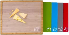 fandcy Bamboo Premium Wood Cutting Board Serving Tray w/ 5 Color-Mats, for Chopping Bread, Cheese, Fruits, Vegetables, Meats