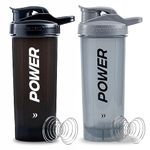 ACUNA POWER Shaker Bottle For Protein Powder 700 ml (Pack Of 2) With Mixer Ball, BPA Free Leak Proof Screw On Lid, Secure Drink Flip Cap, Sports Gym Supplement Protein Shake Bottle (Black-Grey)