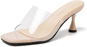 fereshte Women's Clear Heels Sandals Clear Strap Slip On Transparent Square Toe Kitten Mules, Nude, 9