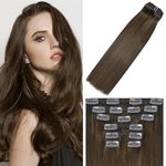 WindTouch Medium Brown Hair Extensions for Women Clip in, 12 Inch 100g Brown Human Hair Clip in Extensions, Clip on Hair Extensions Remy Hair Extensions for Women Full Head Natural Straight