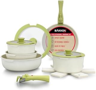 Bakken-Swiss Detachable 15-Piece Cookware Set – Granite Non-Stick – Eco-Friendly – Stackable Removable Handles – for All Stoves & Oven-Safe - Green/Cream Color